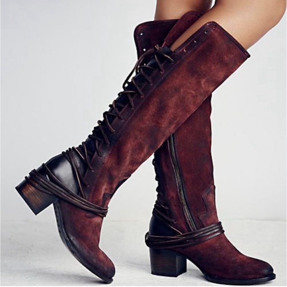 Brown Tall Boots with Suede Body and Chunky Heel